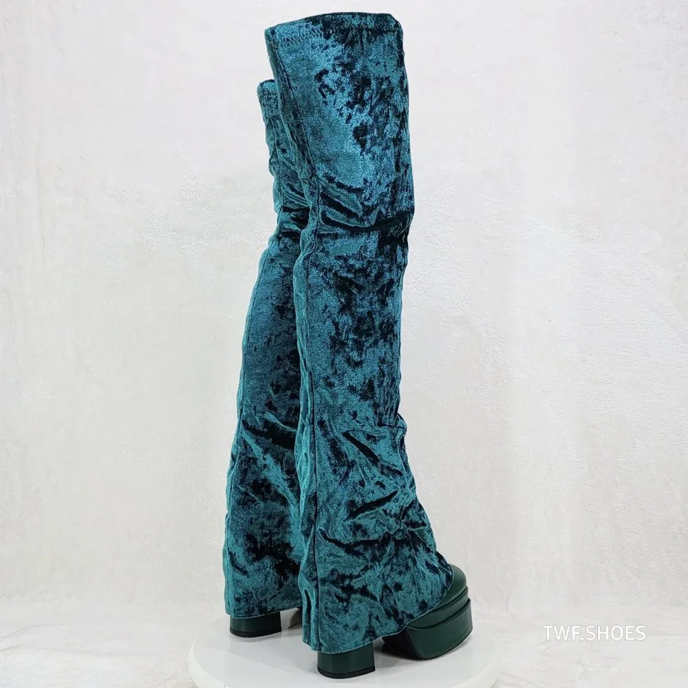 Good Will Unique Thigh High Emerald Velvet Fold over Chunky Heel Platform Boots - Picture 10 of 15